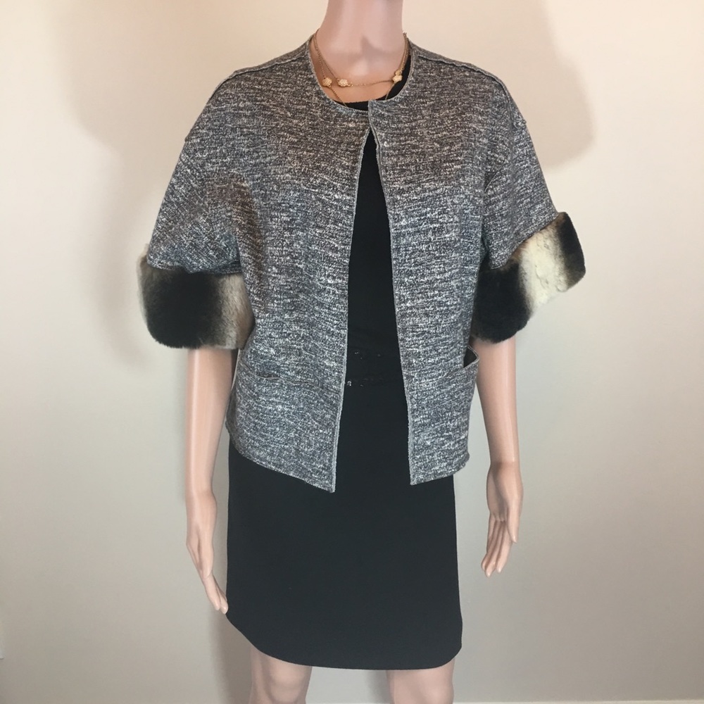 Sachin + Babi Grey Rabbit Fur Trimmed Open Jacket